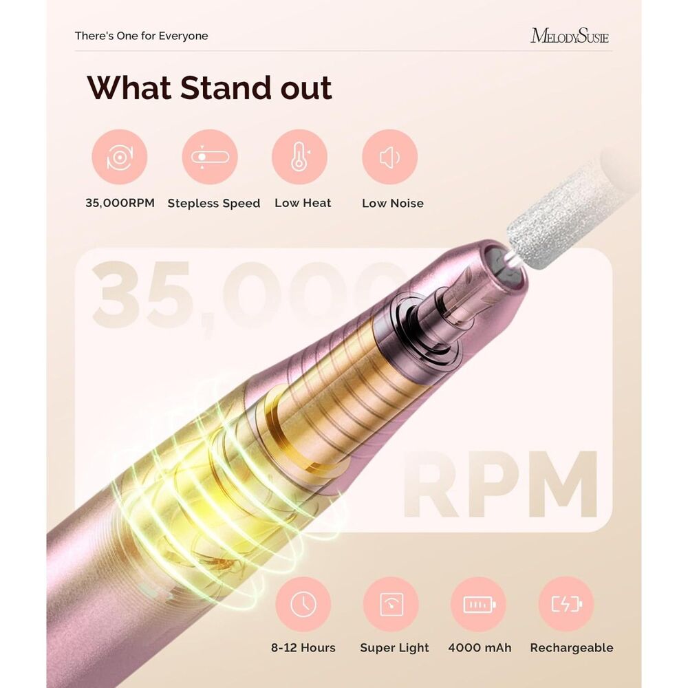 New Pink Nail Drill w Storage Case, Rechargeable MelodySusie SM330A 35000RPM - Picture 5 of 11